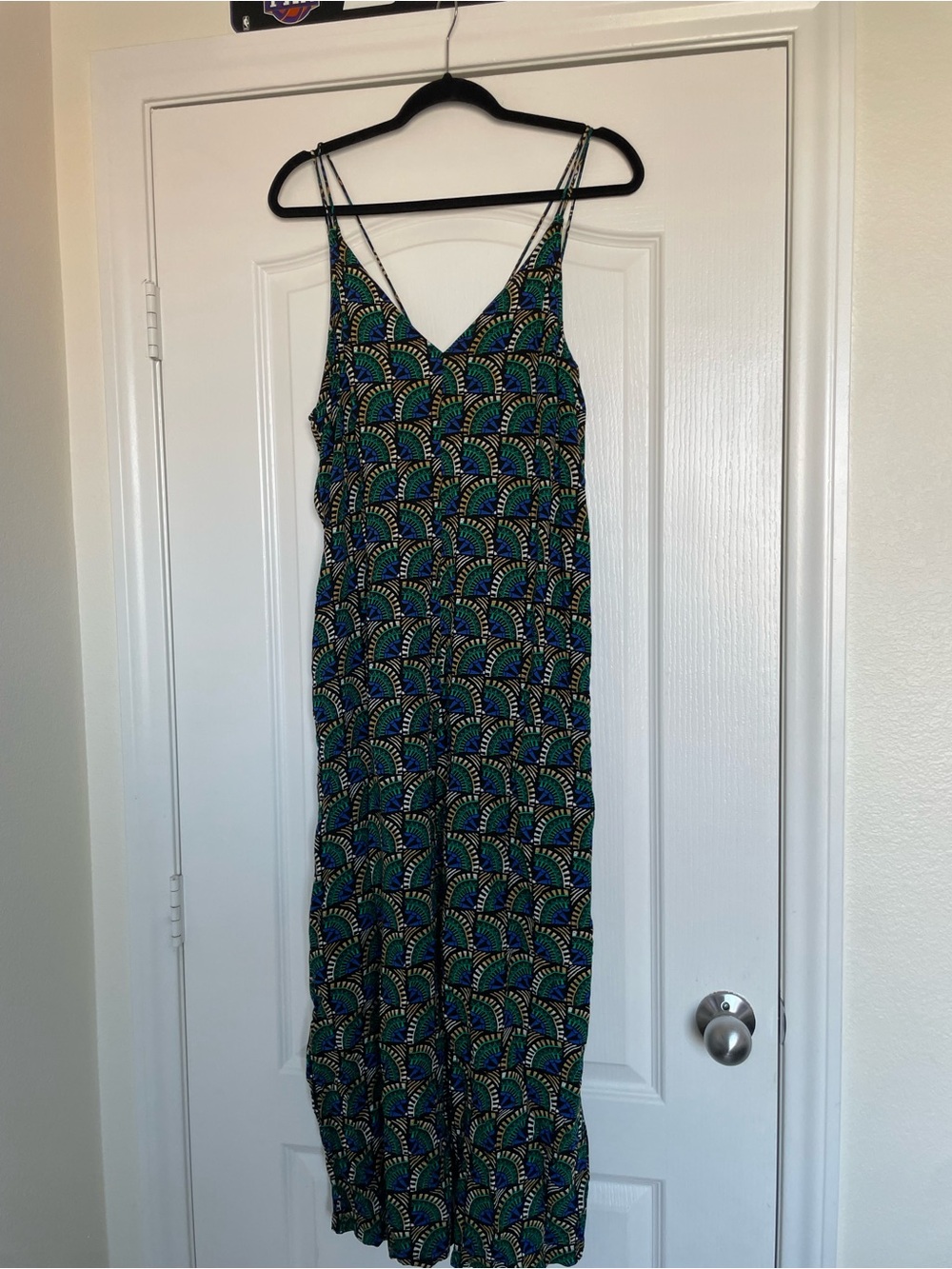 Women's Printed V-Neck Maxi Jumpsuit Romper in Blue & Green